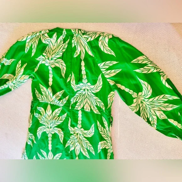 H&M Cotton Green & White Palm Leaf Tie Midi Maxi Long Sleeve Dress - Picture 7 of 14